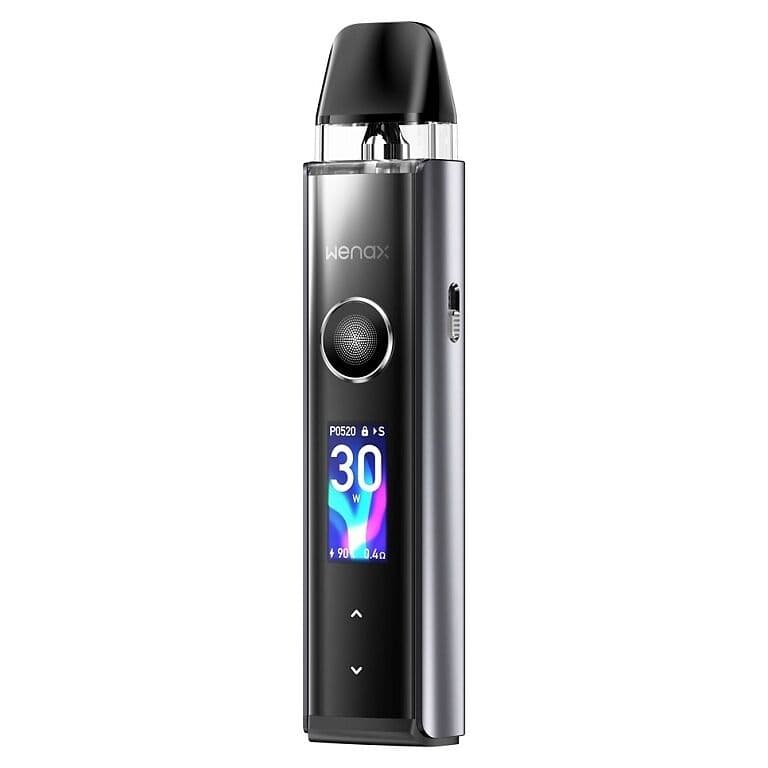 GeekVape Wenax Q Pro Pod Kit Starlight Grey, pokročilá elektronická cigareta s haptickou odezvou a 30W výkonem.