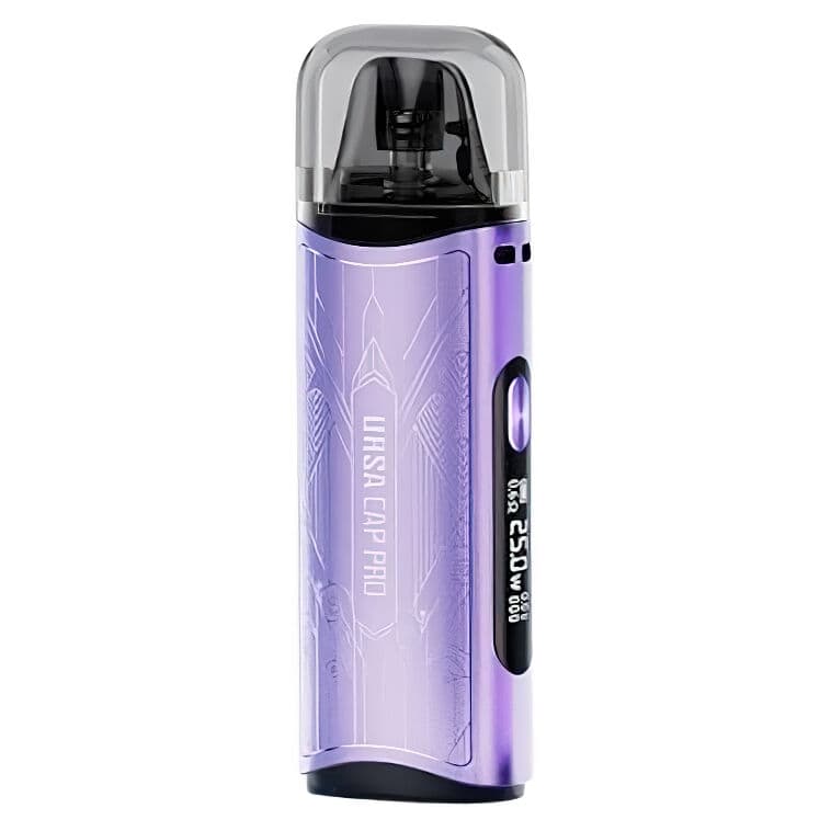 Lost Vape Ursa Cap Pro fialová varianta s geometrickým designem a průhlednou magnetickou krytkou