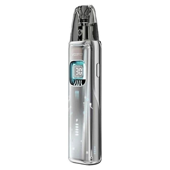 VooPoo Argus Matrix pod kit ve stříbrné barvě s průhlednou cartridge a digitálním displejem