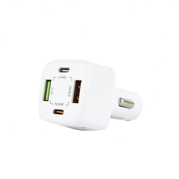 Fast Charger BK365-2PD bílá čtyřportová autonabíječka s rychlonabíjením zobrazená v bočním pohledu s konektorem