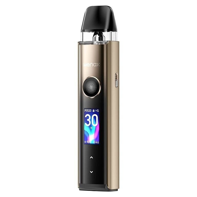 GeekVape Wenax Q Pro Pod Kit Sunburst Gold, pokročilá elektronická cigareta s haptickou odezvou a 30W výkonem.