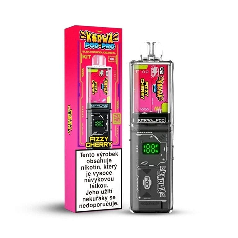 Kurwa Pod Pro Kit s růžovým retro designem příchuť Fizzy Cherry zobrazený s balením
