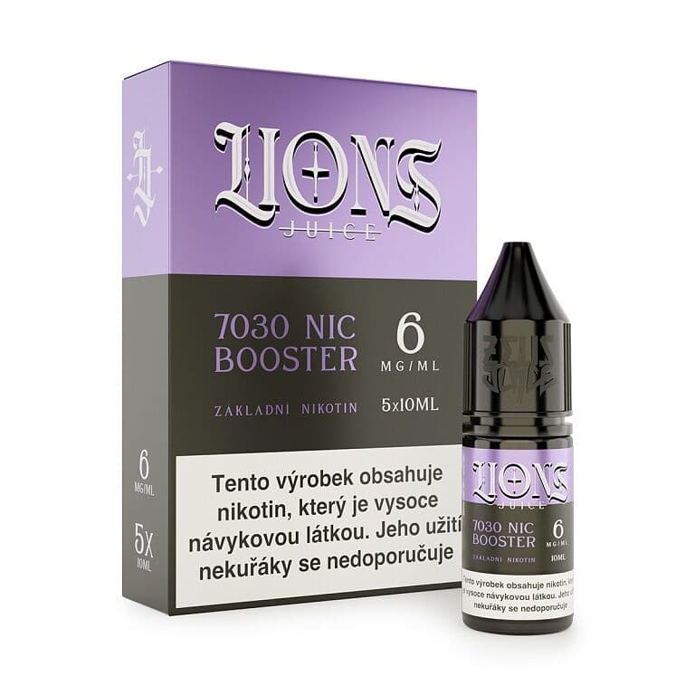 Pět lahviček Lions Juice nikotinového boosteru s fialovým designem a nikotinovou silou 6mg pro vapery