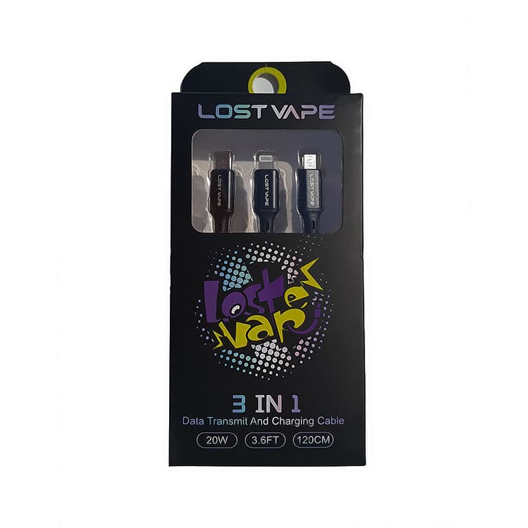 Lost Vape univerzální nabíjecí kabel 3v1 s USB C Lightning a Micro USB konektory 120cm 20W v balení