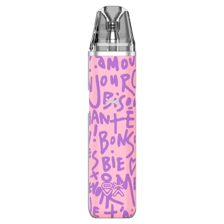 Speciální barevná varianta OXVA Xlim Go s růžovým fialovým graffiti designem a transparentní cartridge