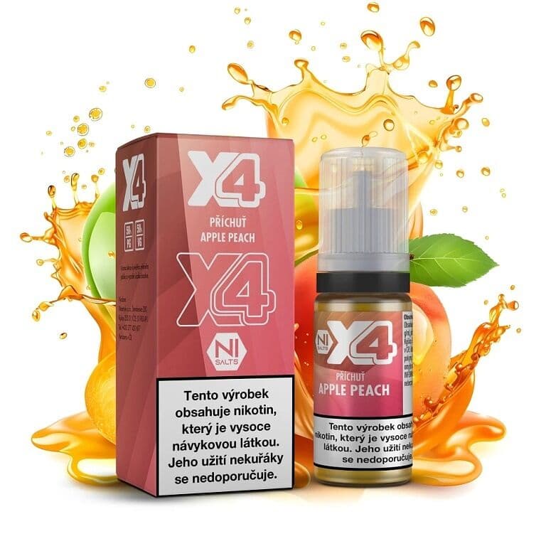 X4 Bar Juice Salt e-liquid Apple Peach 20mg nikotinové soli, balení s 10ml lahvičkou příchuti jablko a broskev, čerstvé ovoce a zlatá šťáva na bílém pozadí.