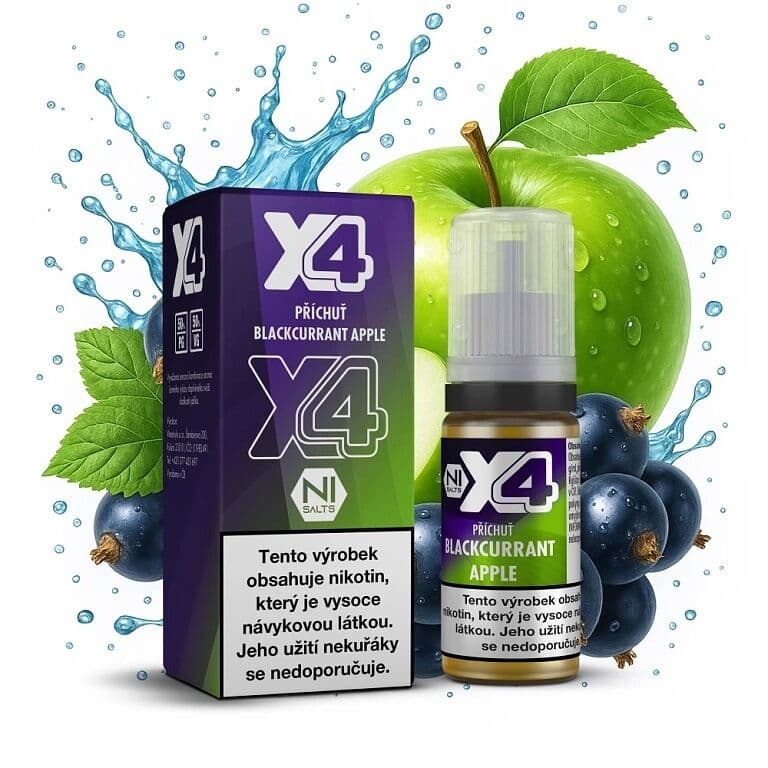 X4 Bar Juice Salt e-liquid Blackcurrant Apple 20mg nikotinové soli, balení s 10ml lahvičkou příchuti černý rybíz a jablko, čerstvé ovoce s vodními šplíchy na bílém pozadí.