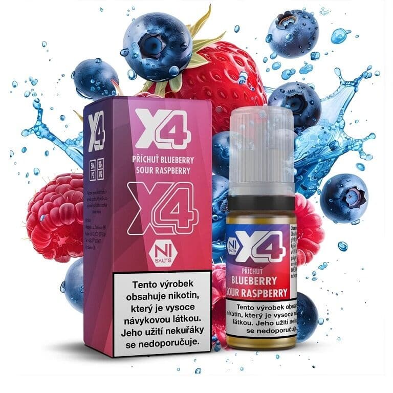 X4 Bar Juice Salt e-liquid Blueberry Sour Raspberry 10mg nikotinové soli, balení s 10ml lahvičkou příchuti borůvka a kyselá malina, čerstvé bobule s vodním šploucháním na bílém pozadí.