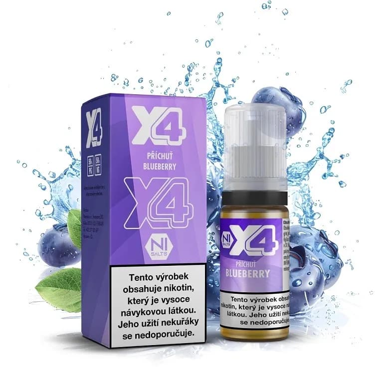 X4 Bar Juice Salt e-liquid Blueberry 20mg nikotinové soli, balení s 10ml lahvičkou příchuti borůvka, čerstvé borůvky s vodním šploucháním na bílém pozadí.