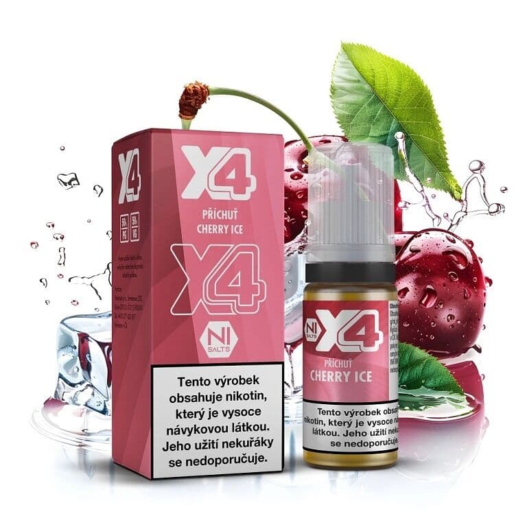 X4 Bar Juice Salt e-liquid Cherry ICE 20mg nikotinové soli, balení s 10ml lahvičkou příchuti třešeň s ledem, čerstvé třešně a kostky ledu s vodním šploucháním na bílém pozadí.