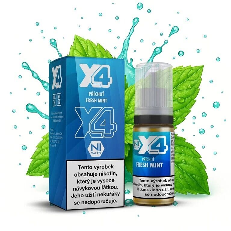 X4 Bar Juice Salt e-liquid Fresh Mint 20mg nikotinové soli, balení s 10ml lahvičkou příchuti čerstvá máta, zelené lístky máty s kapkami vody na bílém pozadí.