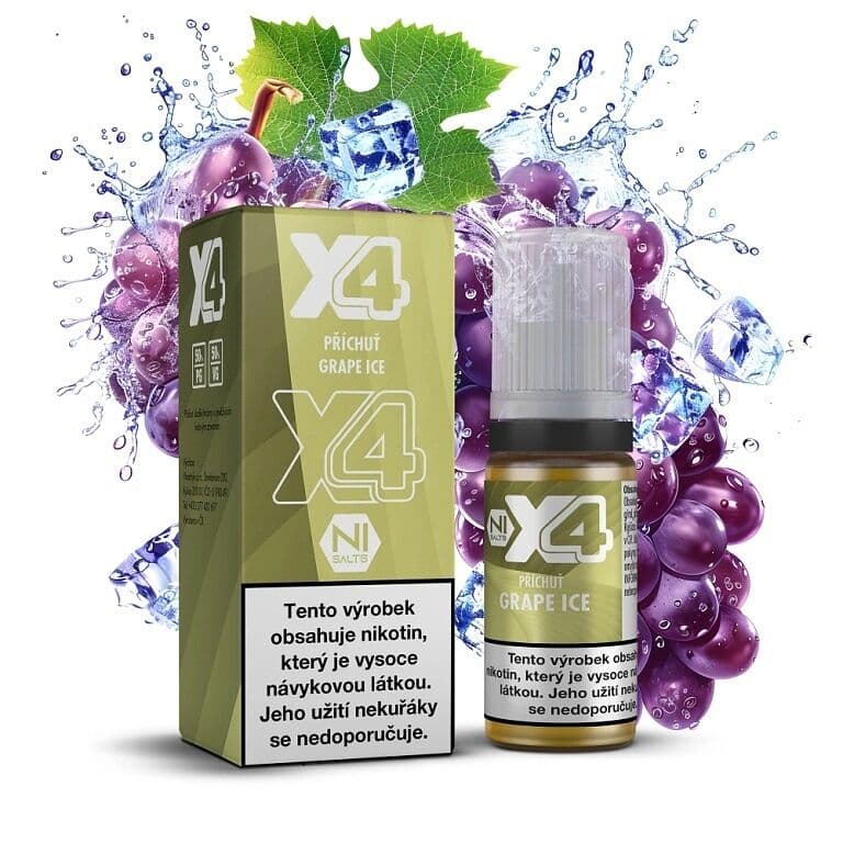 X4 Bar Juice Salt e-liquid Grape ICE 10mg nikotinové soli, balení s 10ml lahvičkou příchuti hrozno s ledem, fialové hrozny a kostky ledu s vodním šploucháním na bílém pozadí.