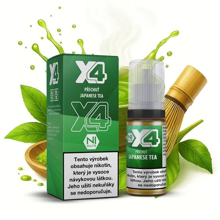 X4 Bar Juice Salt e-liquid Japanese Tea 20mg nikotinové soli, balení s 10ml lahvičkou příchuti japonský čaj, čajové lístky, matcha prášek a bambusová metlička na bílém pozadí.