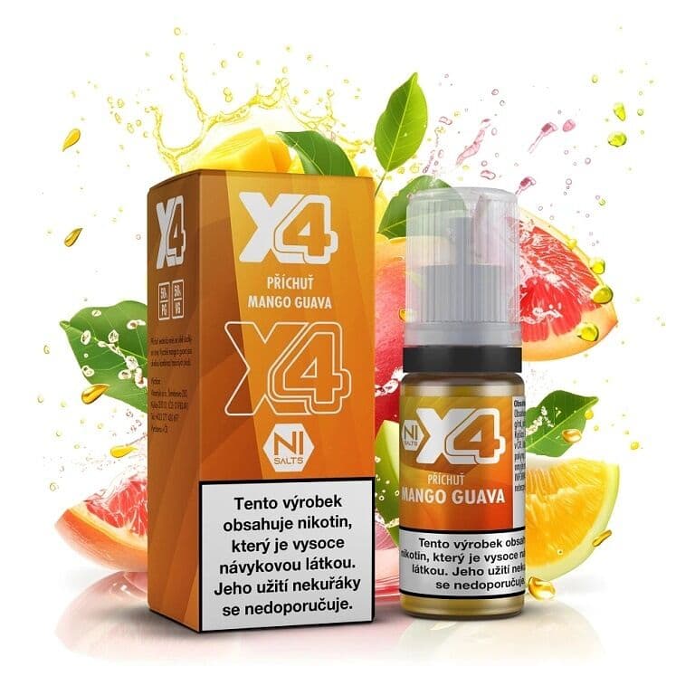 X4 Bar Juice Salt e-liquid Mango Guava 20mg nikotinové soli, balení s 10ml lahvičkou příchuti mango a guava, čerstvé tropické ovoce se šploucháním šťávy na bílém pozadí.