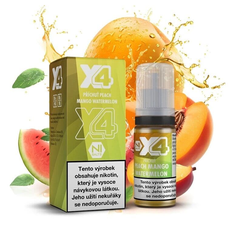 X4 Bar Juice Salt e-liquid Peach Mango Watermelon 20mg nikotinové soli, balení s 10ml lahvičkou příchuti broskev mango meloun, čerstvé ovoce se šploucháním šťávy na bílém pozadí.