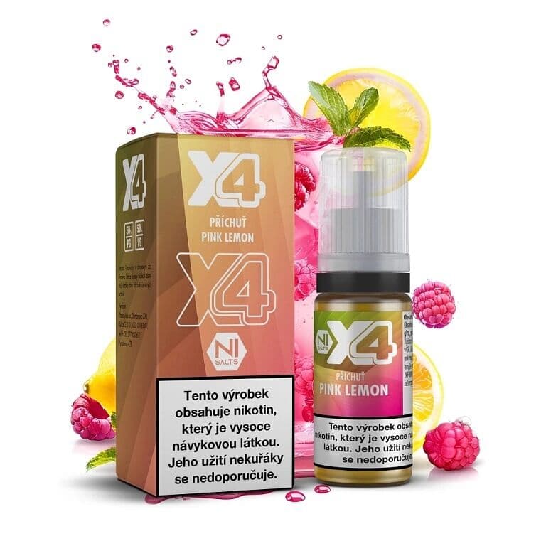 X4 Bar Juice Salt e-liquid Pink Lemonade 20mg nikotinové soli, balení s 10ml lahvičkou příchuti růžová limonáda, maliny a citron s růžovým šploucháním šťávy na bílém pozadí.