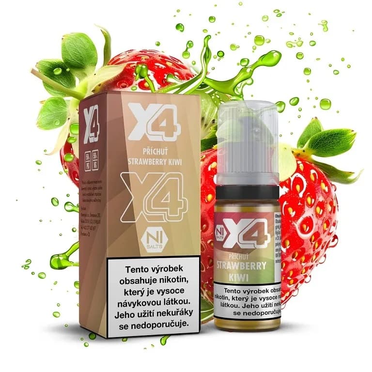 X4 Bar Juice Salt e-liquid Strawberry Kiwi 20mg nikotinové soli, balení s 10ml lahvičkou příchuti jahoda a kiwi, čerstvé ovoce se zeleným šploucháním šťávy na bílém pozadí.