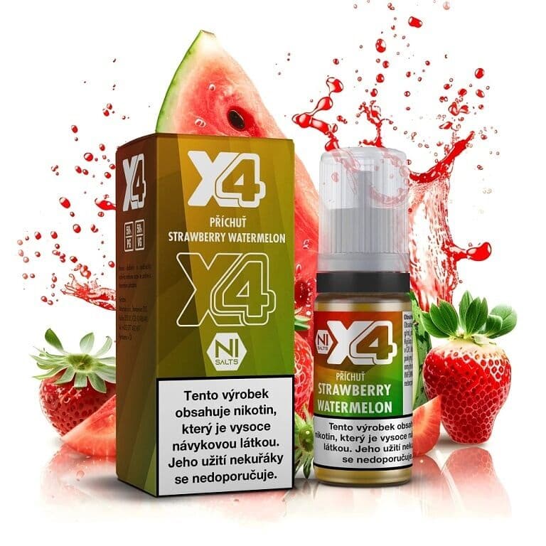 X4 Bar Juice Salt e-liquid Strawberry Watermelon 20mg nikotinové soli, balení s 10ml lahvičkou příchuti jahoda a meloun, čerstvé ovoce s červeným šploucháním šťávy na bílém pozadí.