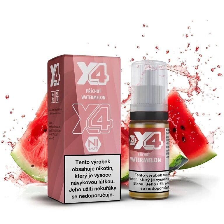 X4 Bar Juice Salt e-liquid Watermelon 20mg nikotinové soli, balení s 10ml lahvičkou příchuti vodní meloun, šťavnaté plátky melounu s červeným šploucháním šťávy na bílém pozadí.