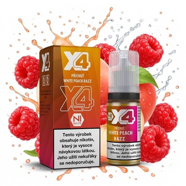 X4 Bar Juice Salt e-liquid White Peach Razz 10mg nikotinové soli, balení s 10ml lahvičkou příchuti bílá broskev a malina, čerstvé maliny a broskev s vodním šploucháním na bílém pozadí.