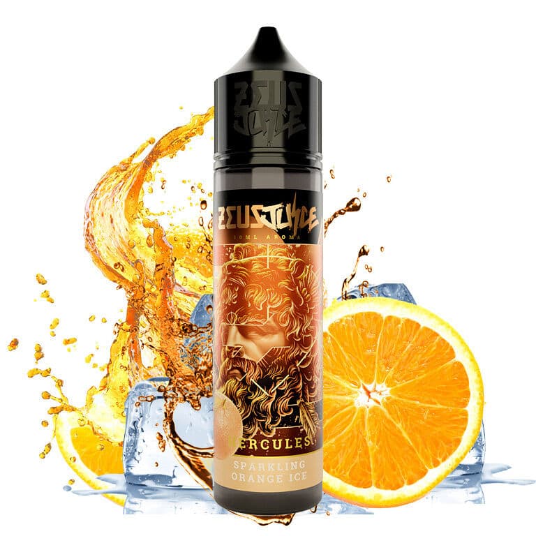 Hercules pomerančová příchuť na ledu Zeus Juice s pomerančem a kostkami ledu v oranžovém stylu