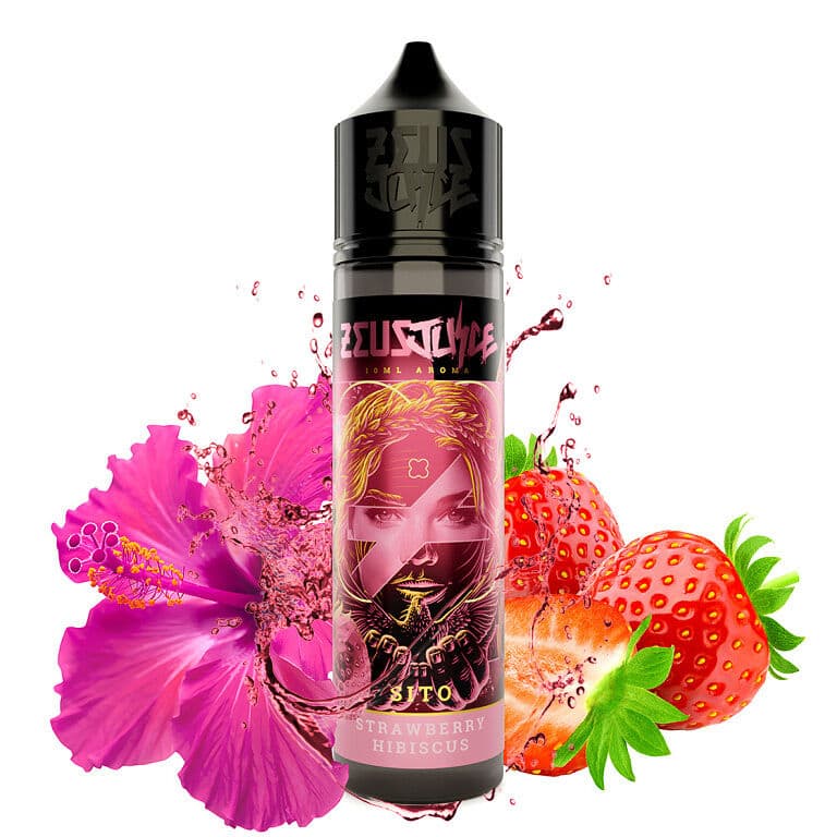 Ditto jahoda hibiscus Zeus Juice s čerstvými jahodami a růžovým květem hibiscu v růžovém designu